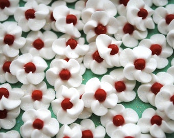 50 Handmade White Royal Icing Drop Flowers with red sugar pearl center