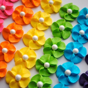 Royal Icing Flower Cupcake Toppers Rainbow Mix w/ White Sugar Pearl 30 image 1