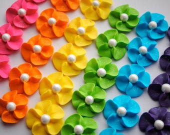 Royal Icing Flower Cupcake Toppers- Rainbow Mix w/ White Sugar Pearl (30)