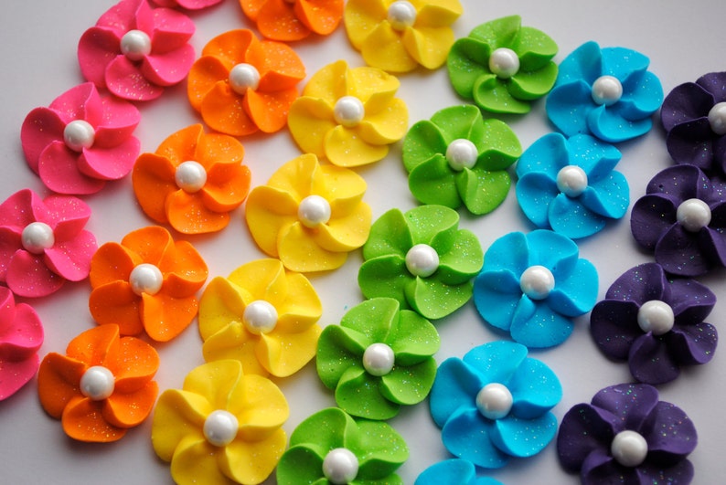 Royal Icing Flower Cupcake Toppers Rainbow Mix w/ White Sugar Pearl 30 image 1