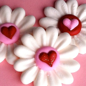 Valentine's Day Daisies- Royal Icing Flowers- Pink, Red & White with Sparkle Hearts (12)