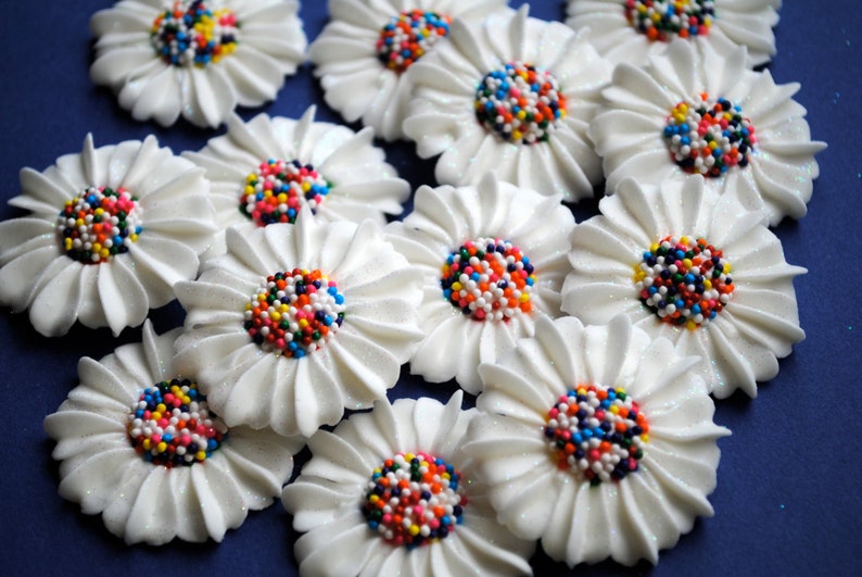 Royal Icing Modern Daisies in White With Rainbow Nonpareil Etsy
