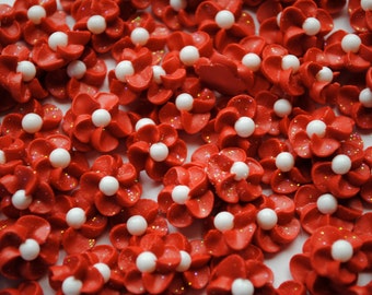 Red Royal Icing Flowers with Matte White Pearl Center (50)