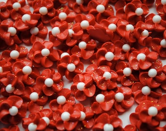 Red Royal Icing Flowers with Matte White Pearl Center (50)