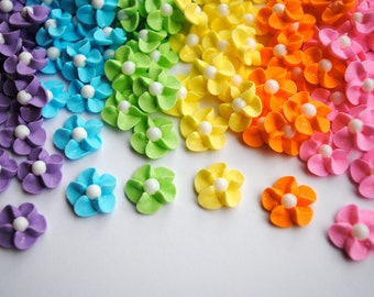 Royal Icing Flowers-  Pastel Rainbow Mix w/ White Sugar Pearl (60)