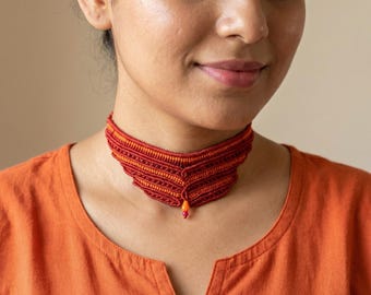Handcrafted golden yellow n bright red  color macrame contemporary choker