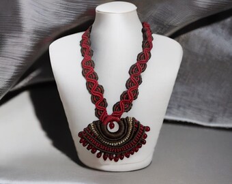 Handmade maroon and black macrame necklace with pendent :Boho hippie style.