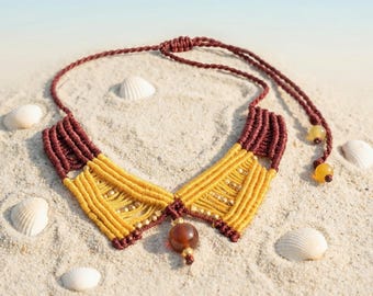 Handcrafted golden yellow n maroon color macrame contemporary choker