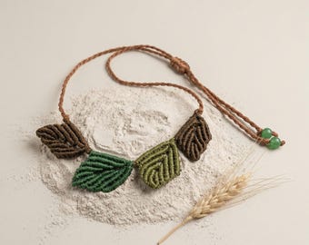 Handmade autumn leaves pattern boho hippie macrame choker with adjustable length.