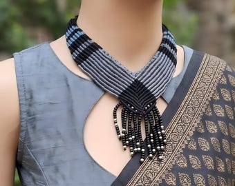 Handcrafted  tribal geometric  blue n black bohemian beaded tassel  necklace