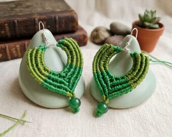 Handmade sage n forest green micro macrame chevron dangle earrings