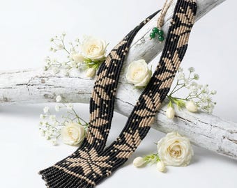 Handcrafted the tribal rhythm macrame collar in midnight black n desert sand color.