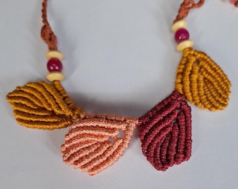 Handmade autumn leaves pattern boho hippie macrame choker with adjustable length.