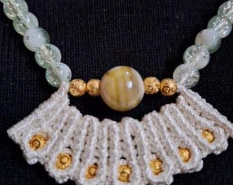 Handcrafted micro macrame  white color necklace  with fan shape pendant