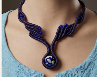 handgemaakte macramé boho hippie blauwe choker ketting met porseleinen kraal