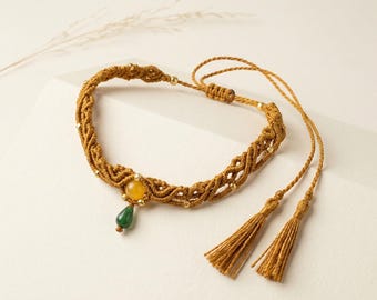 Boho mustard fiber art with green drop bead macrame choker.
