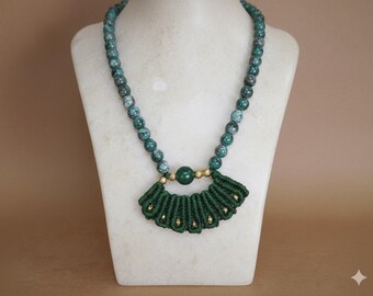 Artisanal forest green macrame shell statement necklace.
