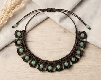Handmade Macrame Choker: Apple Green Beads, Boho Hippie style.