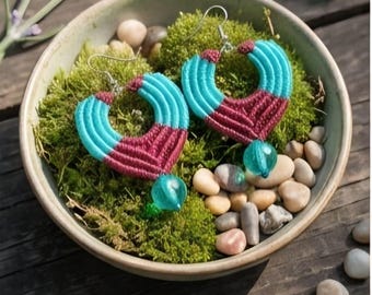 Handmade bohemian turquoise and burgundy macrame  earrings.gift for her.