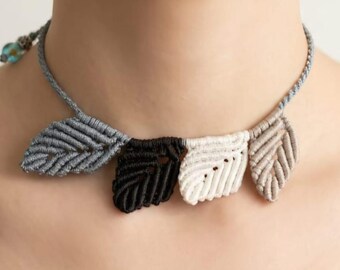 Handmade autumn leaves pattern boho hippie macrame choker with adjustable length.