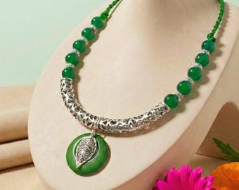 Green beads with silver oxide Filligree choker. Contemporary n ethnic style.