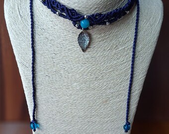 Handcrafted boho hippie navy blue macrame choker for her
