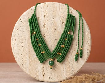 Handmade Green Macrame Choker with Gold Beads