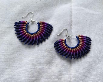 Handmade deep navy blue n majantha  macrame fan hoop earrings gift for her.