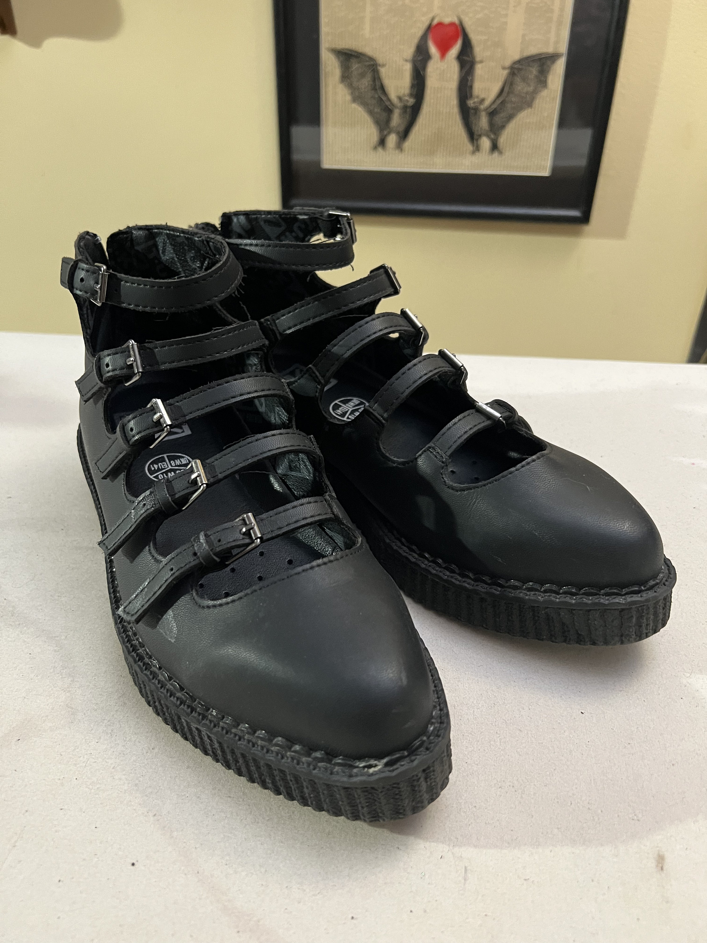 T.U.K pointed vegan creeper boots with multi buckle