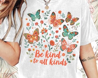 Be Kind to All Kinds PNG: Retro Butterfly Floral Sublimation Design (Digital Download)