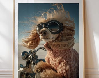 May include: Framed print featuring a poodle wearing aviator goggles and a pink sweater, posed in front of a motorcycle. The dog's fur is blowing in the wind, set against a blue sky and a white background.