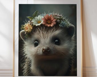 Baby Hedgehog Floral Crown Print – Nursery Woodland Animal Art (Digital Download)