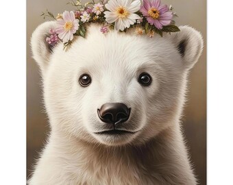 Baby-Eisbär Poster – Niedliches Arktis-Tier mit Blumenkrone fürs Babyzimmer oder Kinderzimmer | Poster von Dezinbazar