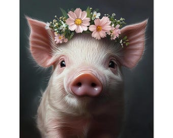Póster de cerdito bebé: un adorable animal de granja con corona de flores para la habitación de un bebé o un niño. Póster de Dezinbazar.