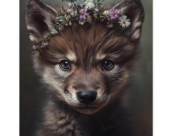 Baby Wolf Poster – Cute Woodland Animal with Flower Crown for Nursery or Kids Room | Nursery Wall Art by Dezinbazar