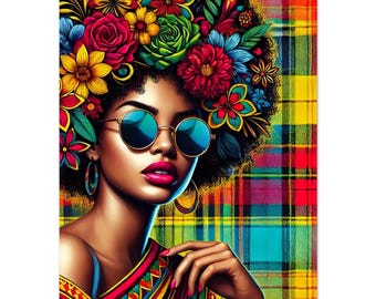 Beautiful Black Girl Poster – Afro Woman with Floral Hair & Madras Pattern, Vibrant Portrait for Bold Home Decor | Poster by Dezinbazar