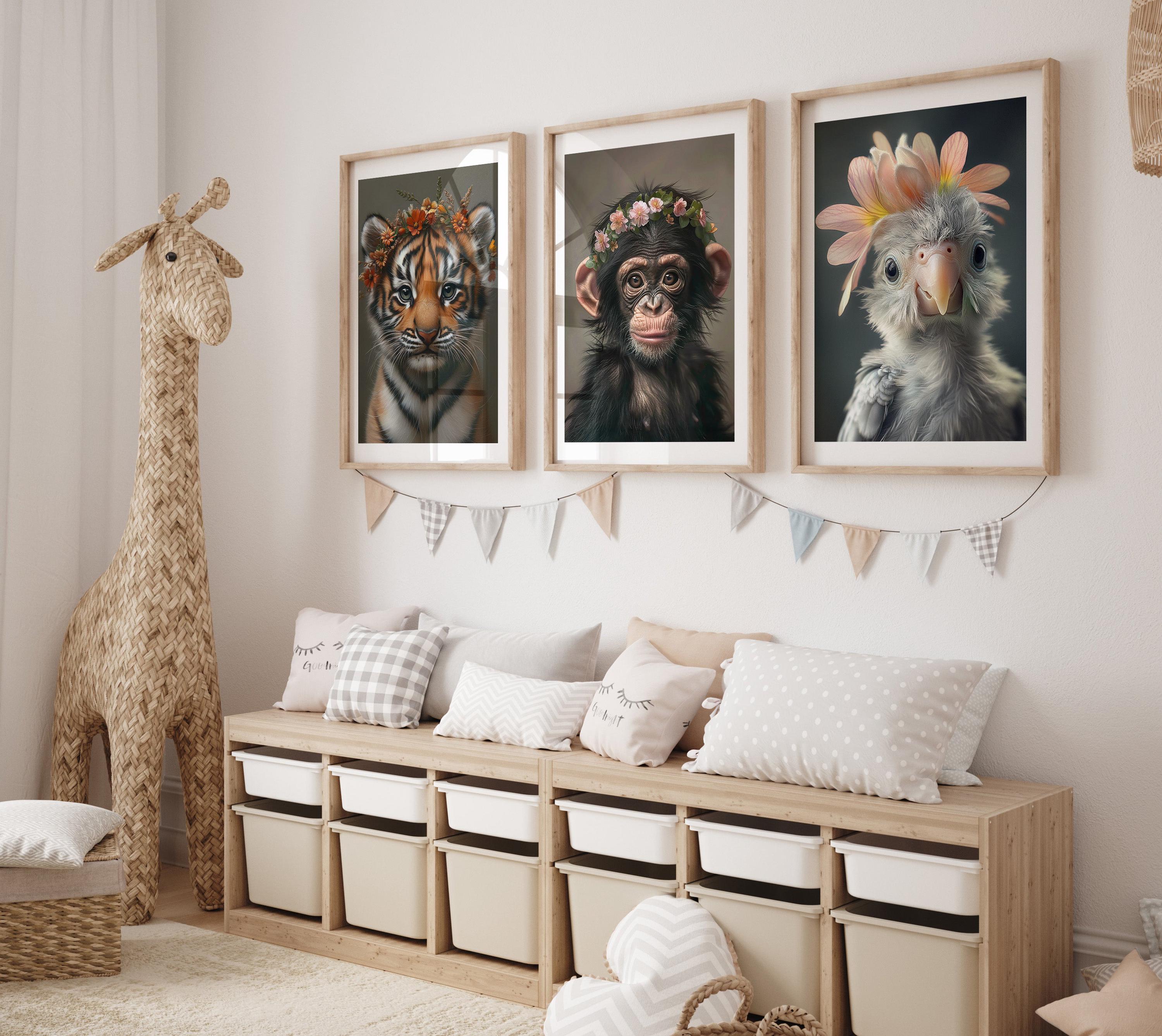 Jungle Animal Printable Bundle – Baby Tiger, Chimp & Parrot Wall Art for Kids Room | Printable by Dezinbazar