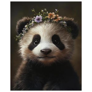 Panda Bear Cub Poster – Cute Baby Panda with Flower Crown for Nursery or Kids Room | Poster by Dezinbazar
