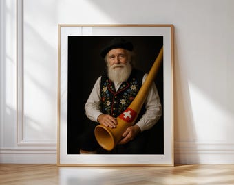 Swiss Alphorn Yodeler Print – Traditional Appenzell Man with Embroidered Vest and Flag Horn | Printable Wall Art by Dezinbazar