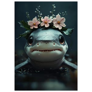 Baby Shark Poster – Ocean Nursery Wall Art with Flowers, Cute Sea Life for Kids Room or Gift | Poster by Dezinbazar