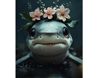 Baby Shark Poster – Ocean Nursery Wall Art with Flowers, Cute Sea Life for Kids Room or Gift | Poster by Dezinbazar