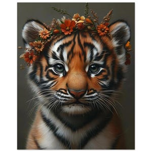 Baby Tiger Poster – Cute Jungle Animal with Flower Crown for Nursery or Kids Room | Poster by Dezinbazar