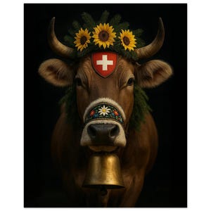 Schweizer Kuh Poster – Traditionell geschmückt mit Sonnenblumen & Wappenschild | Poster von Dezinbazar