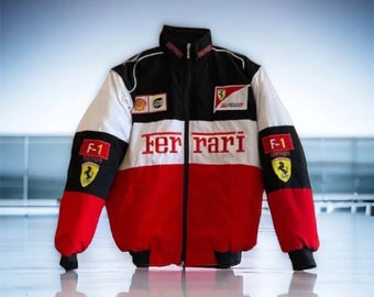 F1 Ferrari Jacke, Ferrari Bomberjacke Stil Formel 1 RARE Bomberjacke F1 Y2K, Weiß und Schwarz, 90er Jahre Streetwear Bestickt