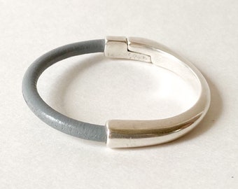 Gray Leather Bracelet for Women with Silver Half Cuff Magnetic Clasp, Medium Width - Grey Minimalist Leather Bracelet - Gift for Her