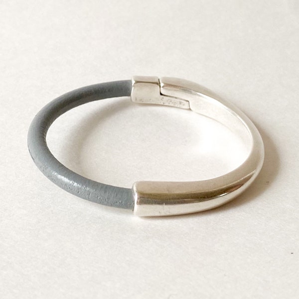Gray Leather Bracelet for Women with Silver Half Cuff Magnetic Clasp, Medium Width - Grey Minimalist Leather Bracelet - Gift for Her