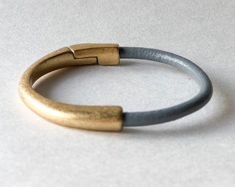 Gray Leather Bracelet, Antique Brass Bracelet for Women - Antique Brass Half Cuff Magnetic Clasp - Grey Minimalist Genuine Leather Bracelet