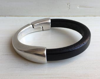 Black Thick Leather Cuff Bracelet with Silver Half Cuff Magnetic Clasp - Black Leather Bracelet Gift for Her - Genuine Leather Cuff