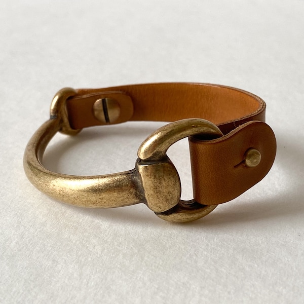 Small Antique Brass Snaffle Bit Bracelet with Cognac Brown Leather Cuff - Genuine Leather Cuff Bracelet -  Equestrian Jewelry Gift for Her