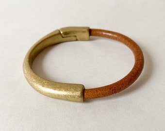 Camel/Cognac Leather Bracelet for Women, Medium Width - Genuine Leather Bracelet for Women with Antique Brass Half Cuff Magnetic Clasp